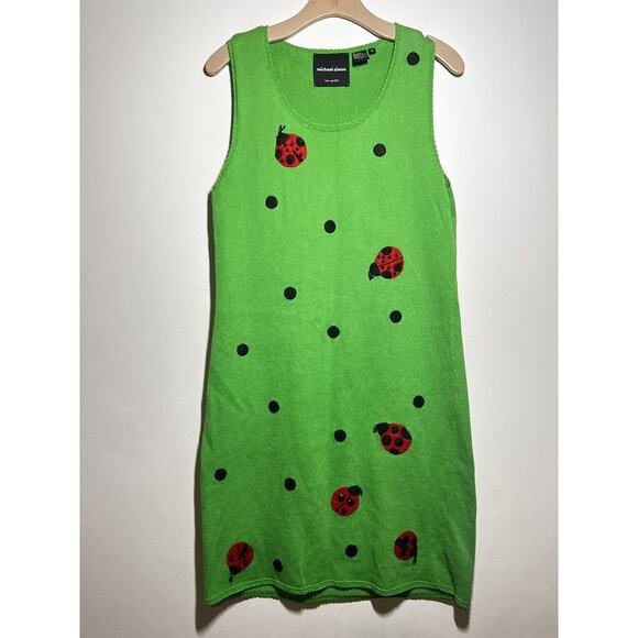 Michael Simon Dresses & Skirts - Michael Simon EUC Green Beaded Ladybug Sleeveless Sweater Dress M Vintage VTG